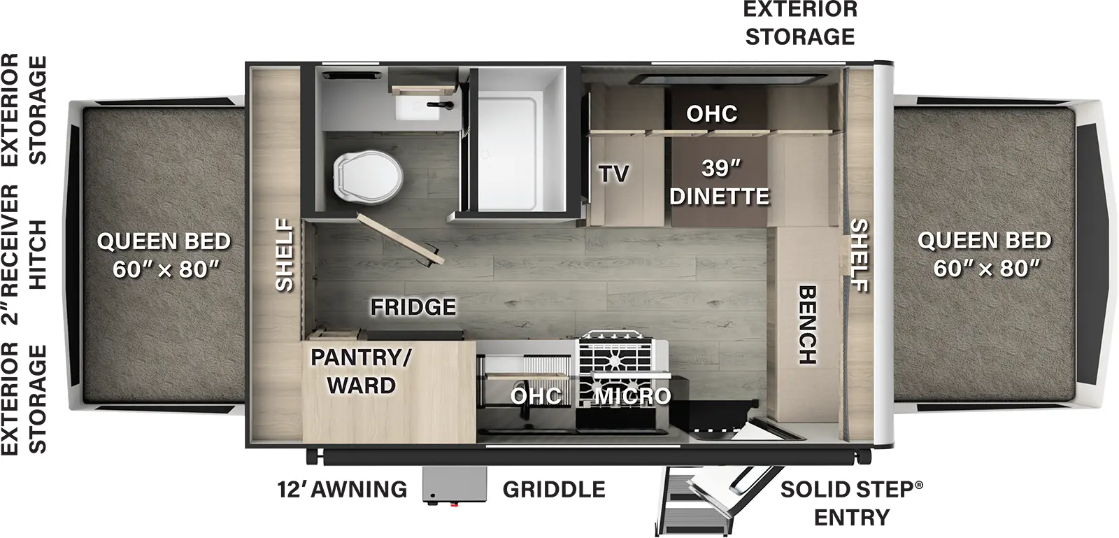 The Rockwood Roo 17E has one entry and zero slide outs. Exterior features include: fiberglass exterior. 